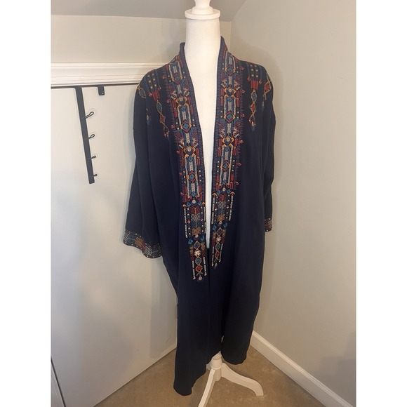 Johnny Was Cleo Blue Navy Embroidered Heavy Coat Sister Jacket Open Large - Picture 2 of 13